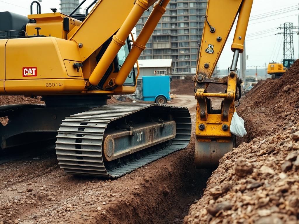 Large tracked hydraulic excavator digging a utility trench