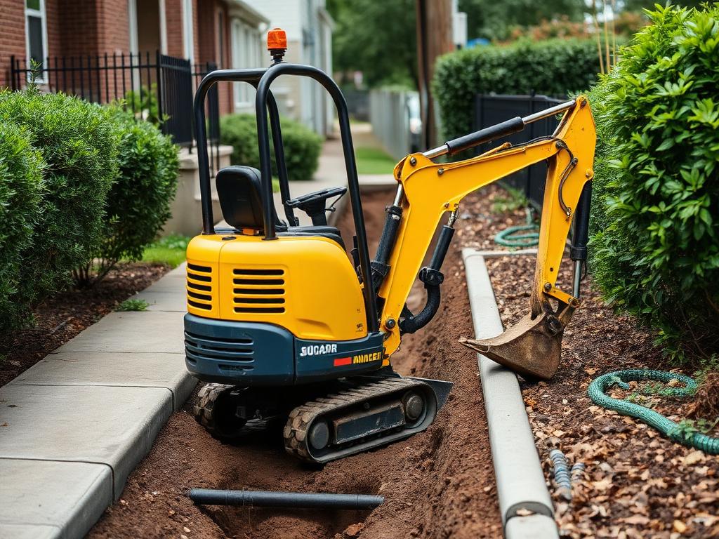 Compact mini excavator working in a narrow trench beside a sidewalk