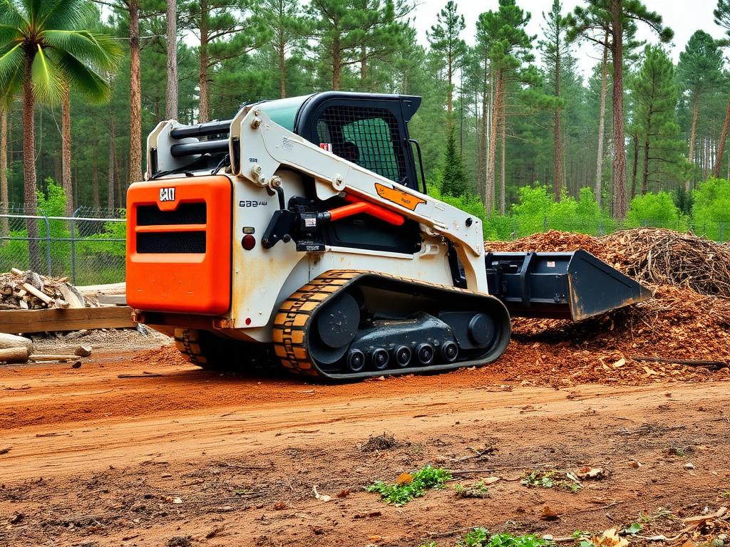 Compact track loader with forestry mulching attachment clearing brush