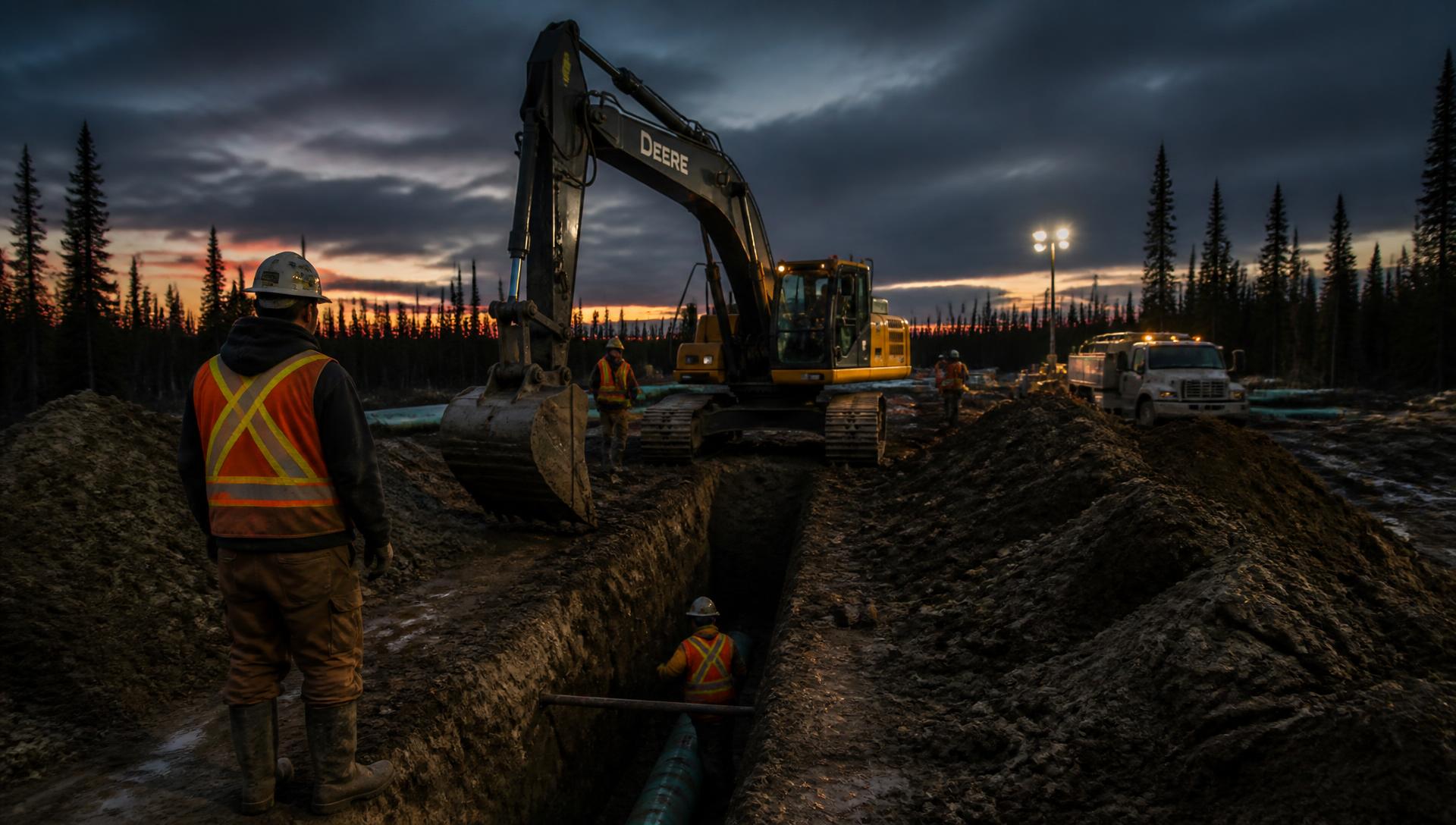 Crew and excavator digging a utility trench at dusk on a Northern Alberta jobsite